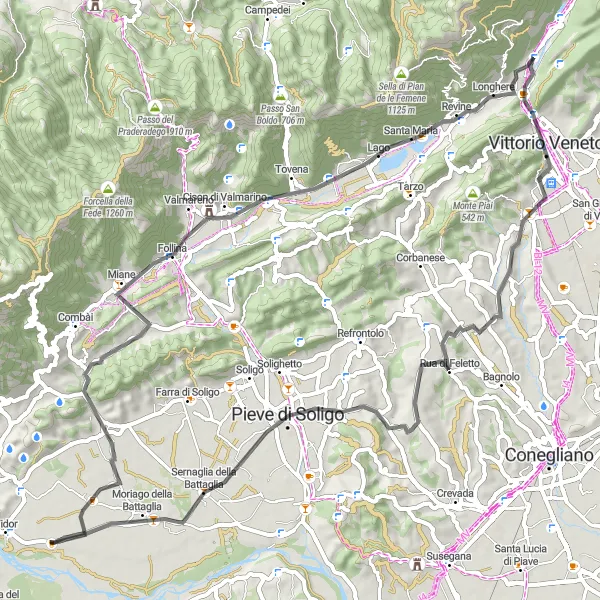 Map miniature of "Road Route to Monte Moncader and Santa Maria di Feletto" cycling inspiration in Veneto, Italy. Generated by Tarmacs.app cycling route planner