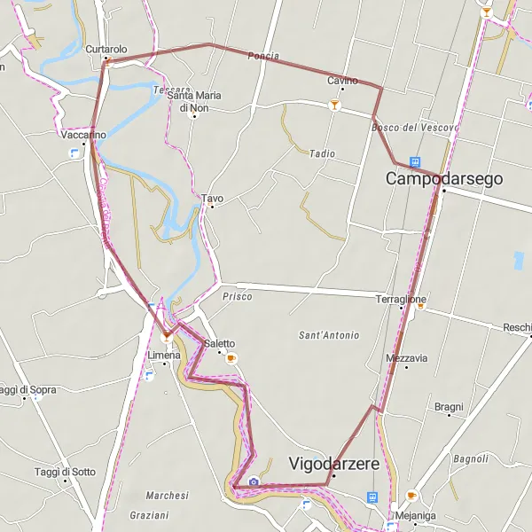 Miniature de la carte de l'inspiration cycliste "Parcours de vélo de gravier autour de Vigodarzere" dans la Veneto, Italy. Générée par le planificateur d'itinéraire cycliste Tarmacs.app