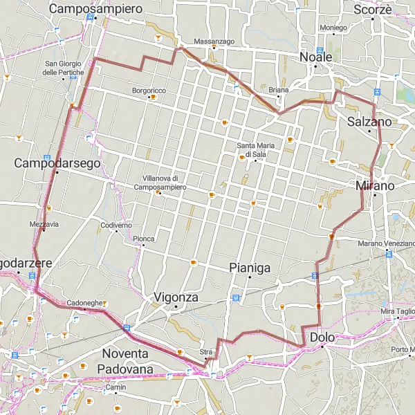 Map miniature of "Exploring Vigodarzere by Gravel Bike" cycling inspiration in Veneto, Italy. Generated by Tarmacs.app cycling route planner