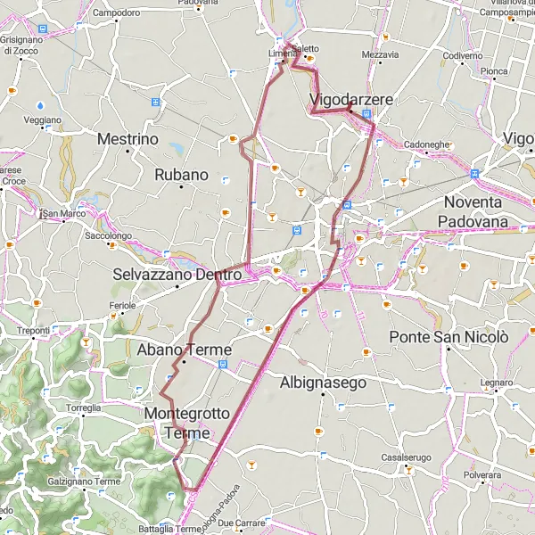 Miniatura della mappa di ispirazione al ciclismo "Giornata in Gravel intorno a Vigodarzere" nella regione di Veneto, Italy. Generata da Tarmacs.app, pianificatore di rotte ciclistiche