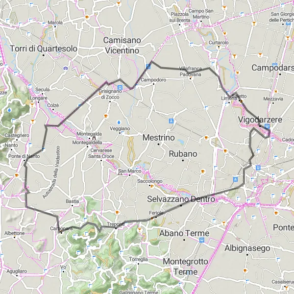 Miniaturní mapa "Poutavá cyklotrasa s výhledy" inspirace pro cyklisty v oblasti Veneto, Italy. Vytvořeno pomocí plánovače tras Tarmacs.app