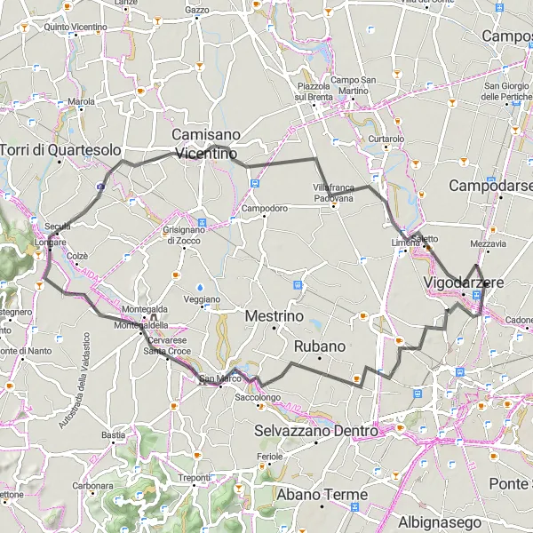 Kartminiatyr av "Vägcyklingstur till Camisano Vicentino" cykelinspiration i Veneto, Italy. Genererad av Tarmacs.app cykelruttplanerare