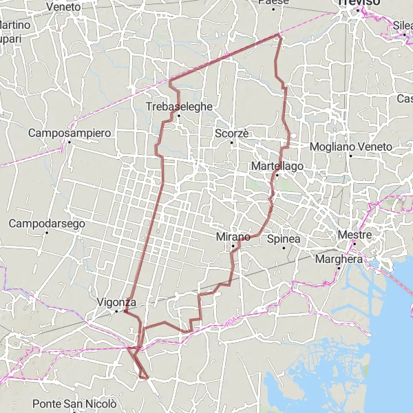 Miniature de la carte de l'inspiration cycliste "Circuit en gravel de Vigonza à Vigonovo" dans la Veneto, Italy. Générée par le planificateur d'itinéraire cycliste Tarmacs.app