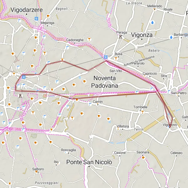 Zemljevid v pomanjšavi "Gravel pot Vigonova" kolesarske inspiracije v Veneto, Italy. Generirano z načrtovalcem kolesarskih poti Tarmacs.app