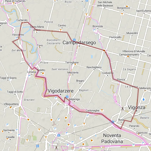 Miniature de la carte de l'inspiration cycliste "Le circuit gravel à travers les campagnes de Campodarsego" dans la Veneto, Italy. Générée par le planificateur d'itinéraire cycliste Tarmacs.app