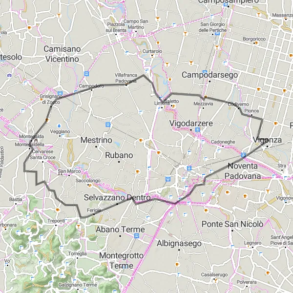 Miniature de la carte de l'inspiration cycliste "Le circuit des collines padouanes" dans la Veneto, Italy. Générée par le planificateur d'itinéraire cycliste Tarmacs.app