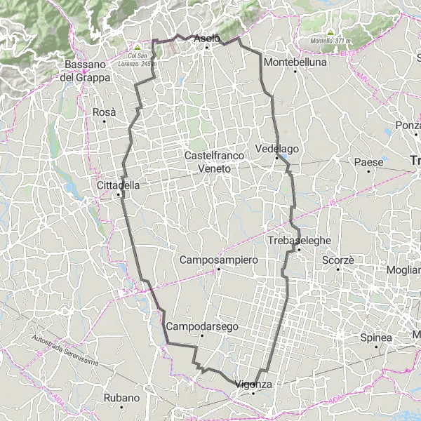 Miniature de la carte de l'inspiration cycliste "Le tour de la Veneto romantique" dans la Veneto, Italy. Générée par le planificateur d'itinéraire cycliste Tarmacs.app