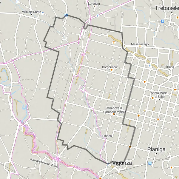 Mapa miniatúra "Cyklistický okruh Peraga - Vigonza" cyklistická inšpirácia v Veneto, Italy. Vygenerované cyklistickým plánovačom trás Tarmacs.app