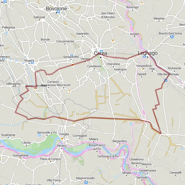 Mapa miniatúra "Gravel trasa cez Gazzo Veronese a Legnago" cyklistická inšpirácia v Veneto, Italy. Vygenerované cyklistickým plánovačom trás Tarmacs.app