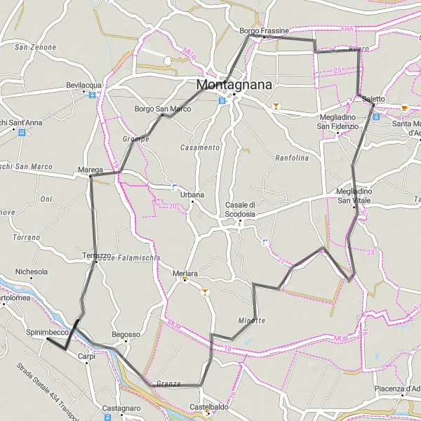 Mapa miniatúra "Okruh Montagnana a Carpi" cyklistická inšpirácia v Veneto, Italy. Vygenerované cyklistickým plánovačom trás Tarmacs.app