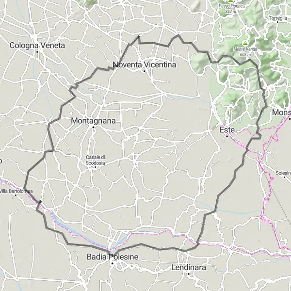 Miniatua del mapa de inspiración ciclista "Desafío en carretera: Roveredo di Guà, Agugliaro, Monte Lozzo, Arquà Petrarca, Monte Cecilia y Villa Estense" en Veneto, Italy. Generado por Tarmacs.app planificador de rutas ciclistas