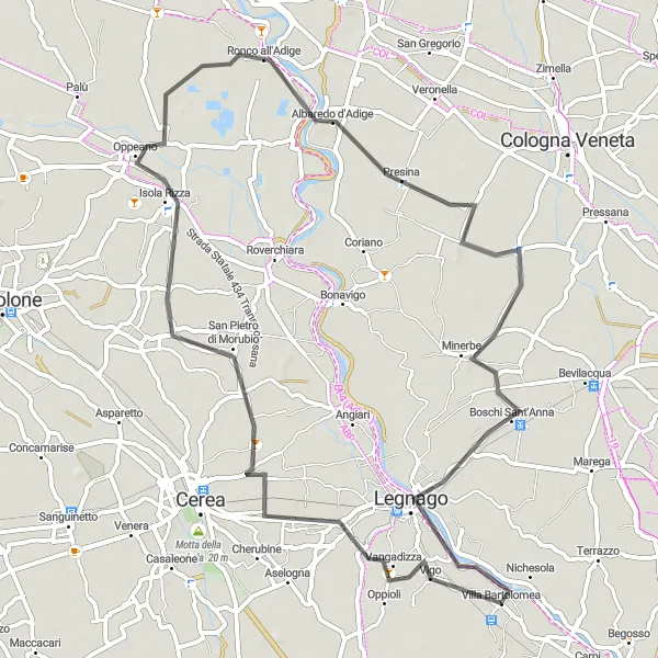 Kartminiatyr av "San Pietro di Morubio Circuit" cykelinspiration i Veneto, Italy. Genererad av Tarmacs.app cykelruttplanerare