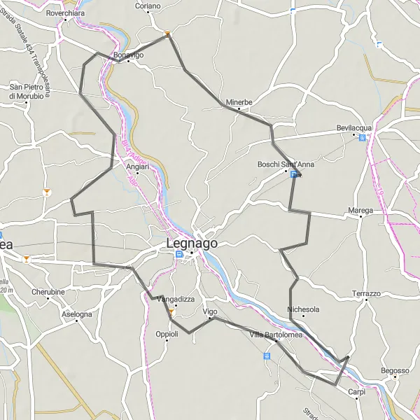 Map miniature of "Legnago Circuit" cycling inspiration in Veneto, Italy. Generated by Tarmacs.app cycling route planner