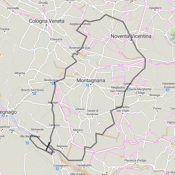 Miniatua del mapa de inspiración ciclista "Ruta panorámica por Bevilacqua y Saletto" en Veneto, Italy. Generado por Tarmacs.app planificador de rutas ciclistas