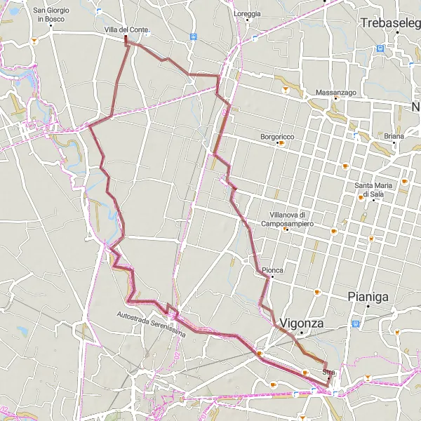 Mapa miniatúra "Gravelová cyklotrasa okolo Camposampiera" cyklistická inšpirácia v Veneto, Italy. Vygenerované cyklistickým plánovačom trás Tarmacs.app