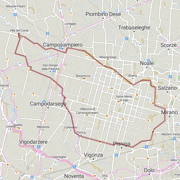 Miniaturní mapa "Gravelová trasa Massanzago" inspirace pro cyklisty v oblasti Veneto, Italy. Vytvořeno pomocí plánovače tras Tarmacs.app