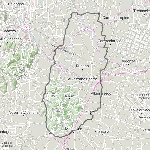 Kartminiatyr av "Landsväg till Due Carrare och Monselice" cykelinspiration i Veneto, Italy. Genererad av Tarmacs.app cykelruttplanerare