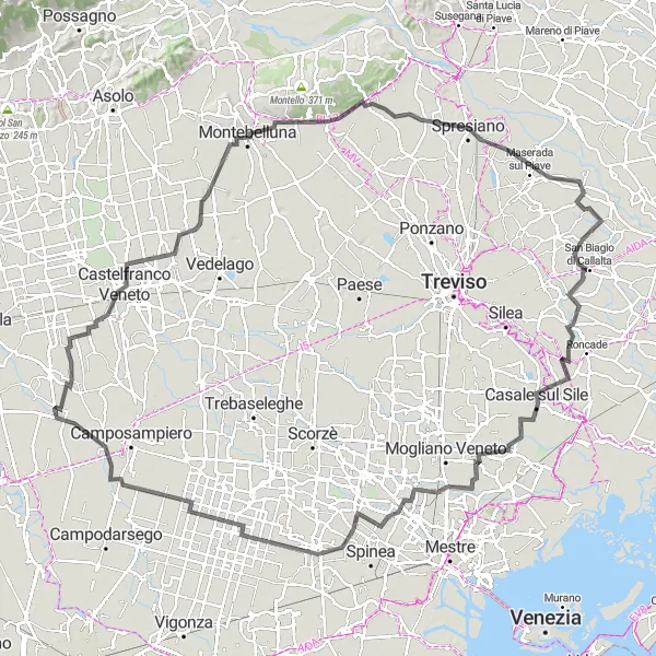 Zemljevid v pomanjšavi "Kolesarski izziv skozi beneško pokrajino" kolesarske inspiracije v Veneto, Italy. Generirano z načrtovalcem kolesarskih poti Tarmacs.app