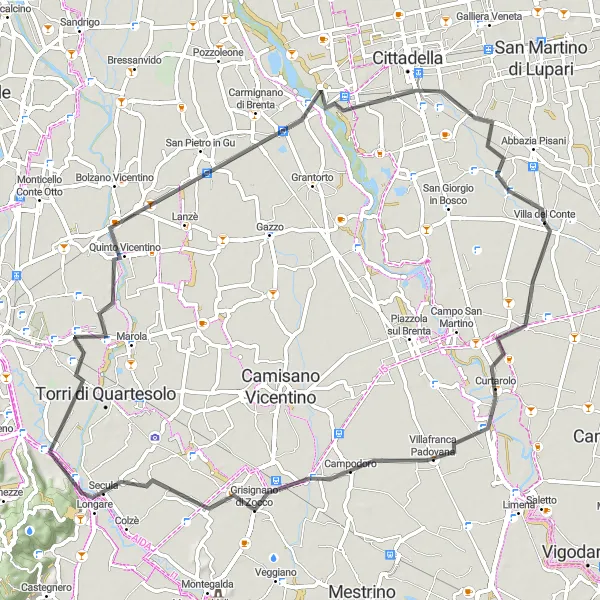 Map miniature of "Villa del Conte - Quinto Vicentino Ride" cycling inspiration in Veneto, Italy. Generated by Tarmacs.app cycling route planner