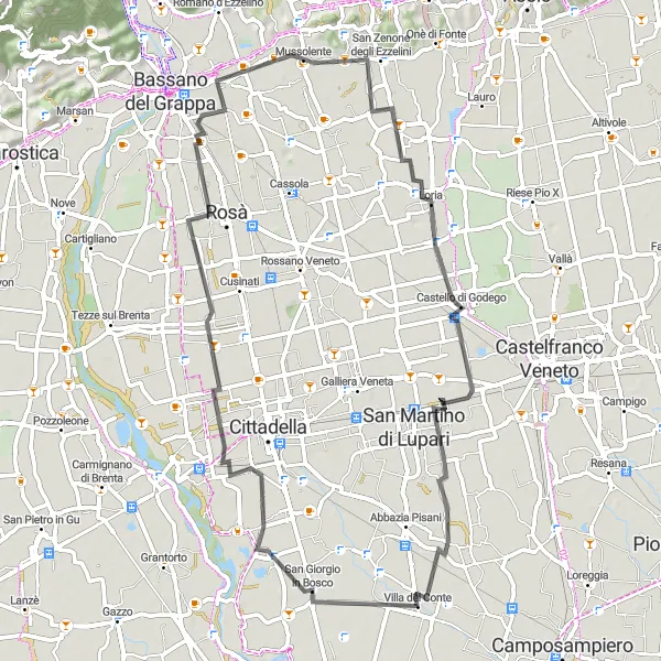 Miniaturní mapa "Cyklotrasa kolem Rosà" inspirace pro cyklisty v oblasti Veneto, Italy. Vytvořeno pomocí plánovače tras Tarmacs.app