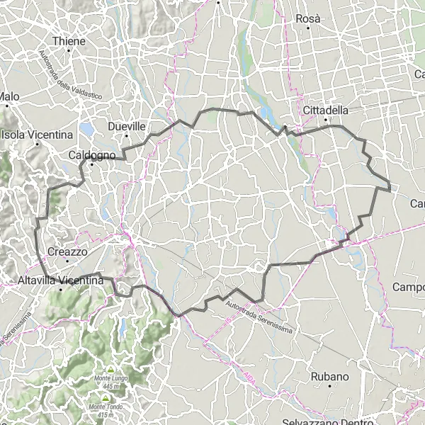 Kartminiatyr av "Landeveisruten fra Villa del Conte til Bressanvido" sykkelinspirasjon i Veneto, Italy. Generert av Tarmacs.app sykkelrutoplanlegger