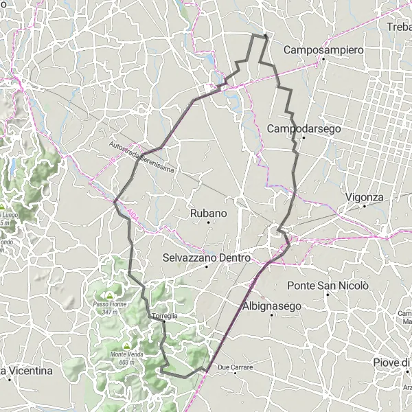 Map miniature of "Veneto Road Cycling Route: Villa del Conte to Campo San Martino" cycling inspiration in Veneto, Italy. Generated by Tarmacs.app cycling route planner