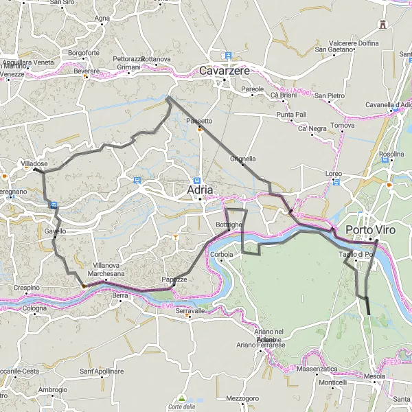 Miniature de la carte de l'inspiration cycliste "Parcours pittoresque de Cà Emo à Gavello" dans la Veneto, Italy. Générée par le planificateur d'itinéraire cycliste Tarmacs.app