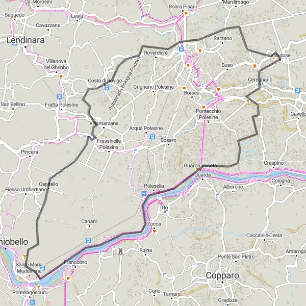 Miniature de la carte de l'inspiration cycliste "Balade rurale de Guarda Veneta à Commenda Est" dans la Veneto, Italy. Générée par le planificateur d'itinéraire cycliste Tarmacs.app