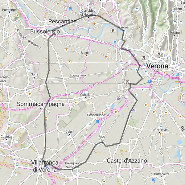 Zemljevid v pomanjšavi "Kolesarska pot Sommacampagna" kolesarske inspiracije v Veneto, Italy. Generirano z načrtovalcem kolesarskih poti Tarmacs.app