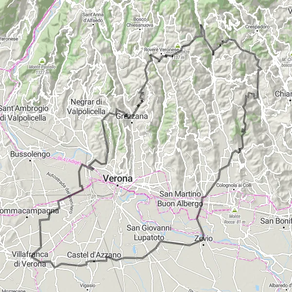 Zemljevid v pomanjšavi "Gorska kolesarska pot okoli Verone" kolesarske inspiracije v Veneto, Italy. Generirano z načrtovalcem kolesarskih poti Tarmacs.app