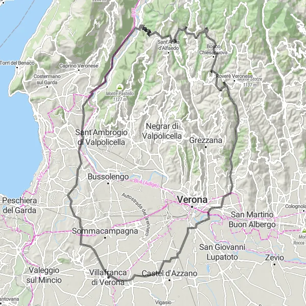 Miniatura della mappa di ispirazione al ciclismo "Gran Tour delle Montagne Veronesi" nella regione di Veneto, Italy. Generata da Tarmacs.app, pianificatore di rotte ciclistiche