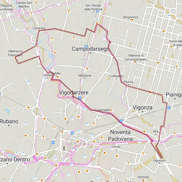 Miniature de la carte de l'inspiration cycliste "Aventure gravier à travers les environs de Villafranca Padovana" dans la Veneto, Italy. Générée par le planificateur d'itinéraire cycliste Tarmacs.app