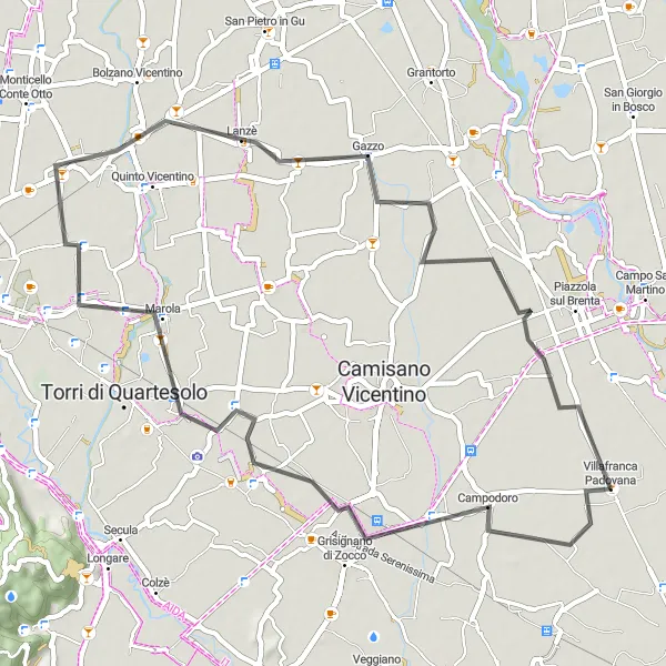 Zemljevid v pomanjšavi "Campodoro - Villafranca Padovana Road Route" kolesarske inspiracije v Veneto, Italy. Generirano z načrtovalcem kolesarskih poti Tarmacs.app