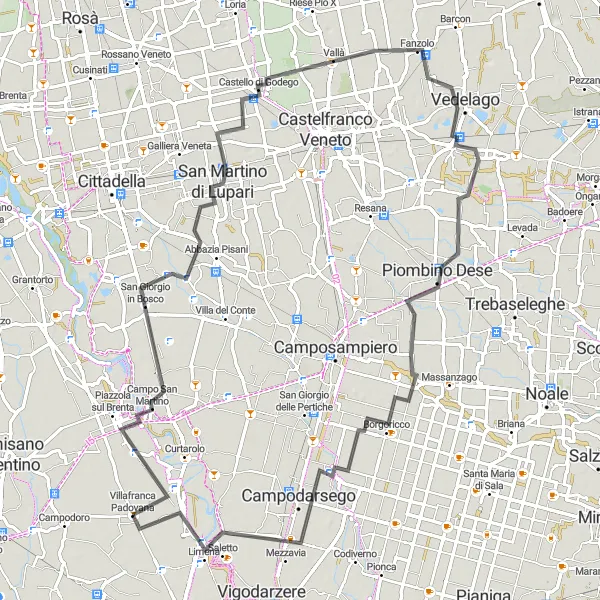 Miniatura della mappa di ispirazione al ciclismo "Ciclismo panoramico da Villafranca Padovana a Limena" nella regione di Veneto, Italy. Generata da Tarmacs.app, pianificatore di rotte ciclistiche