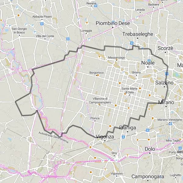 Miniatura della mappa di ispirazione al ciclismo "Santa Giustina in Colle e Moniego Loop" nella regione di Veneto, Italy. Generata da Tarmacs.app, pianificatore di rotte ciclistiche