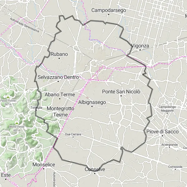 Miniatuurkaart van de fietsinspiratie "Panoramische route naar Torreglia" in Veneto, Italy. Gemaakt door de Tarmacs.app fietsrouteplanner