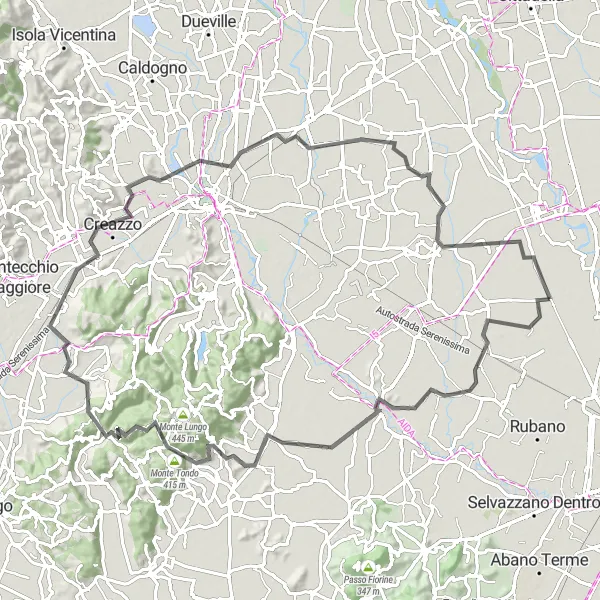 Map miniature of "Villafranca Padovana to Camisano Vicentino Loop" cycling inspiration in Veneto, Italy. Generated by Tarmacs.app cycling route planner