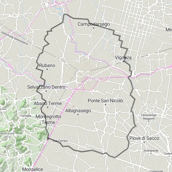 Miniatura della mappa di ispirazione al ciclismo "Curtarolo e Montenuovo Loop" nella regione di Veneto, Italy. Generata da Tarmacs.app, pianificatore di rotte ciclistiche