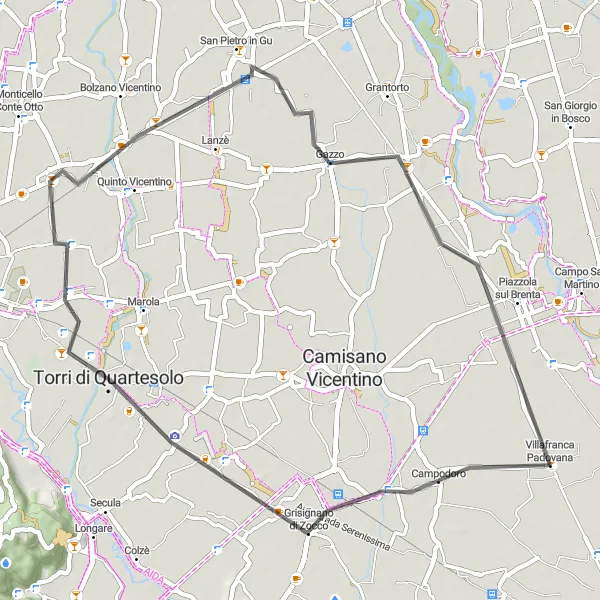 Miniaturní mapa "Zajímavá jízda v okolí Villafranca Padovana" inspirace pro cyklisty v oblasti Veneto, Italy. Vytvořeno pomocí plánovače tras Tarmacs.app