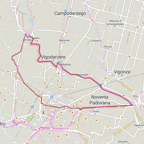 Kartminiatyr av "Grusvei sykkeltur i nærheten av Villaguattera" sykkelinspirasjon i Veneto, Italy. Generert av Tarmacs.app sykkelrutoplanlegger