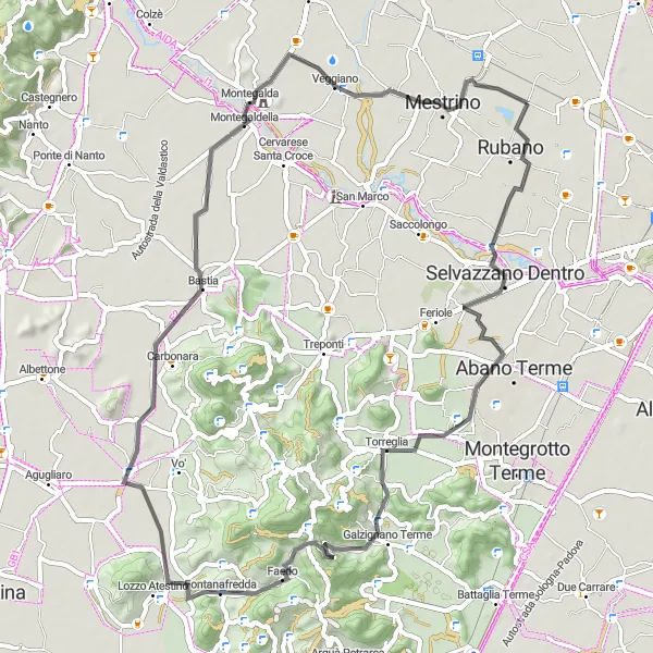 Kartminiatyr av "Landevei sykkeltur rundt Villaguattera" sykkelinspirasjon i Veneto, Italy. Generert av Tarmacs.app sykkelrutoplanlegger
