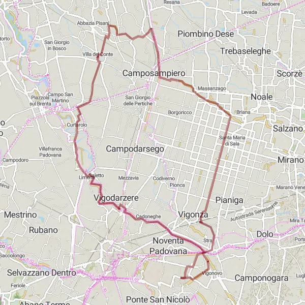 Miniatura della mappa di ispirazione al ciclismo "Esplorazione in Gravel verso Cascina" nella regione di Veneto, Italy. Generata da Tarmacs.app, pianificatore di rotte ciclistiche