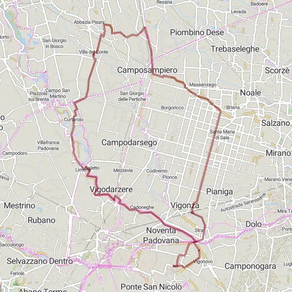 Miniatuurkaart van de fietsinspiratie "Gravelroute van Villatora naar Cascina en Curtarolo" in Veneto, Italy. Gemaakt door de Tarmacs.app fietsrouteplanner