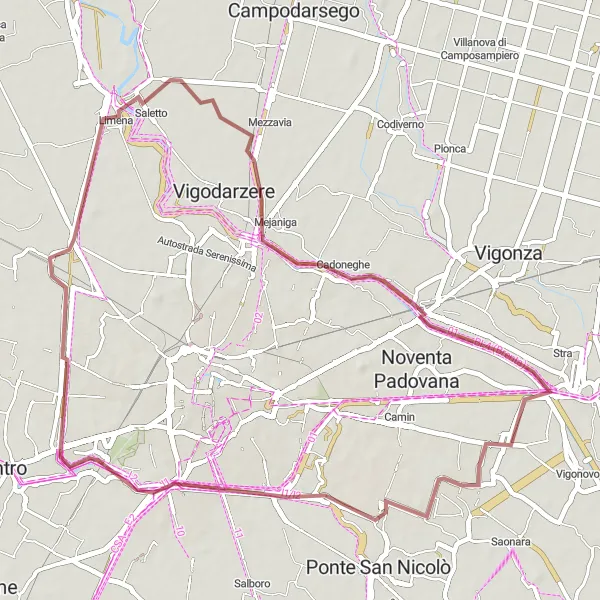 Mapa miniatúra "Short gravel loop near Villatora" cyklistická inšpirácia v Veneto, Italy. Vygenerované cyklistickým plánovačom trás Tarmacs.app