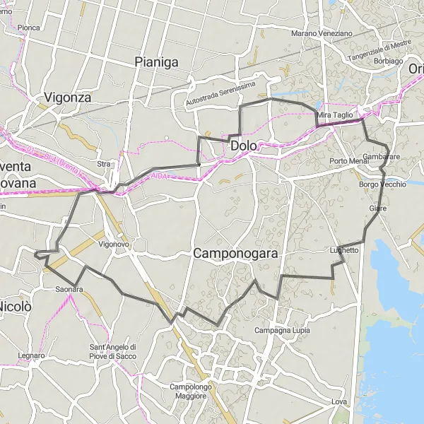 Kartminiatyr av "Villatora til Villa Foscarini Rossi og tilbake" sykkelinspirasjon i Veneto, Italy. Generert av Tarmacs.app sykkelrutoplanlegger