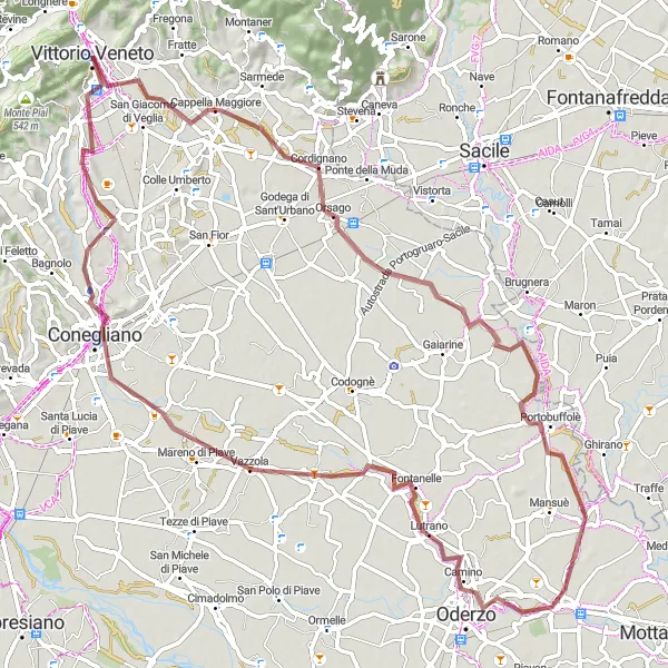 Miniature de la carte de l'inspiration cycliste "Exploration des routes gravel près de Vittorio Veneto" dans la Veneto, Italy. Générée par le planificateur d'itinéraire cycliste Tarmacs.app
