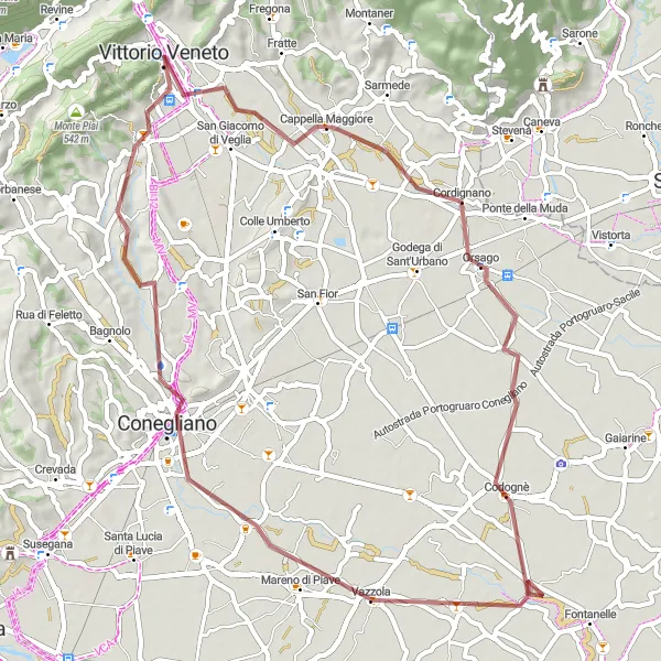 Mapa miniatúra "Gravel cez Codognè a Conegliano" cyklistická inšpirácia v Veneto, Italy. Vygenerované cyklistickým plánovačom trás Tarmacs.app