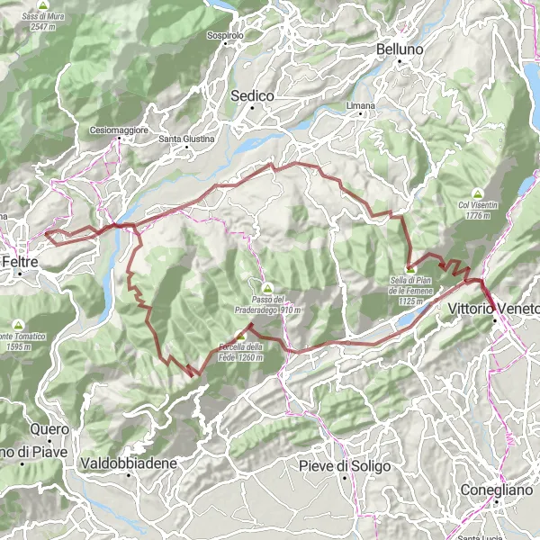 Karten-Miniaturansicht der Radinspiration "Gravel Tour um Vittorio Veneto" in Veneto, Italy. Erstellt vom Tarmacs.app-Routenplaner für Radtouren