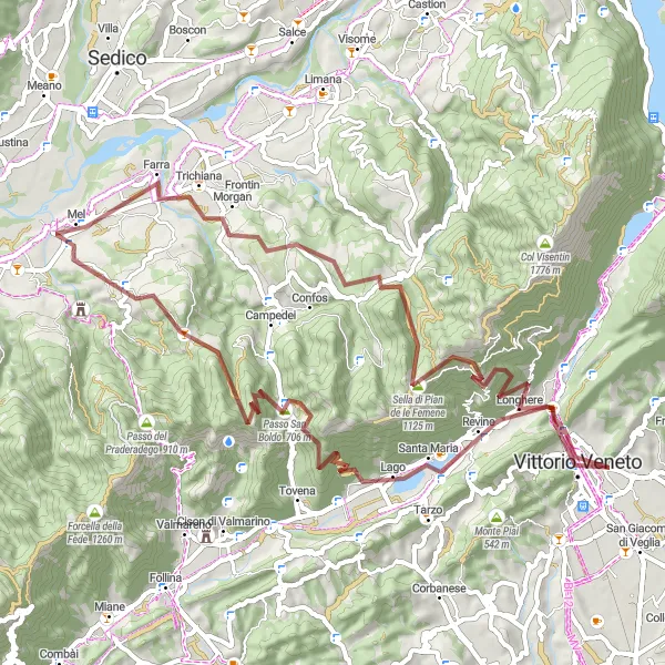 Miniatura della mappa di ispirazione al ciclismo "Giro dei Monti Cor e San Boldo" nella regione di Veneto, Italy. Generata da Tarmacs.app, pianificatore di rotte ciclistiche