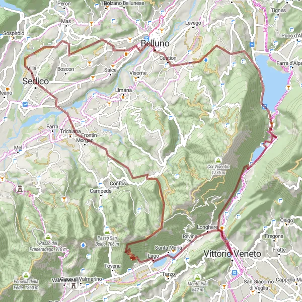 Miniature de la carte de l'inspiration cycliste "Le Tour du Gravel des Montagnes de Belluno" dans la Veneto, Italy. Générée par le planificateur d'itinéraire cycliste Tarmacs.app